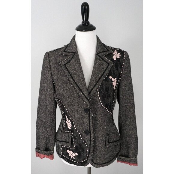 Marc Aurel Black White Pink Floral Lace Blazer Wool Blend Coat Jacket Large 40 - Picture 1 of 6